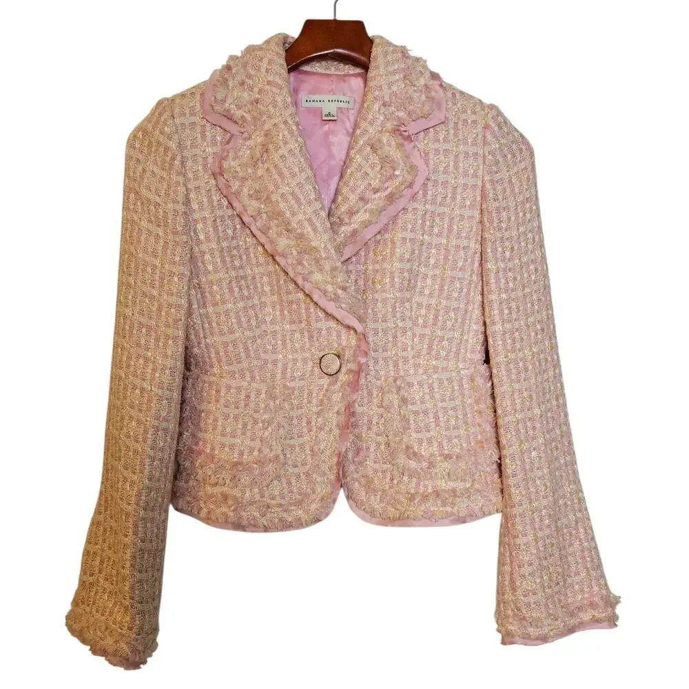 Banana Republic Vintage Pink & Yellow Lady Jacket Preppy Tweed Blazer